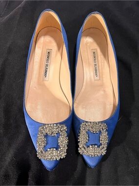 Manolo Blahnik Royal Blue Satin Pointed Flats with Crystal Buckle